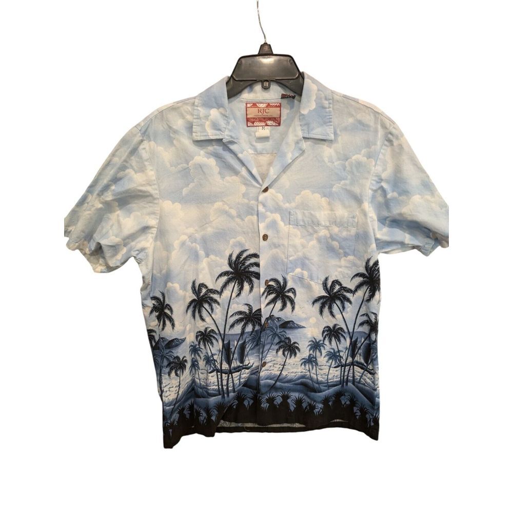 RJC ‎ Hawaiian floral Blue  Palm Tree Shirt Sz Medium